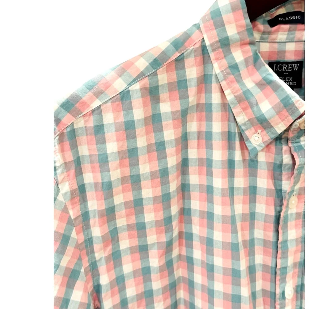J. Crew Gingham Button Down Shirt Pink Green White Plaid Preppy L Pastel